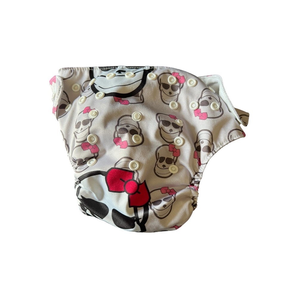 Alva Baby Reusable Pocket Cloth Diaper - White Skull Pink Bow with Gray Liner